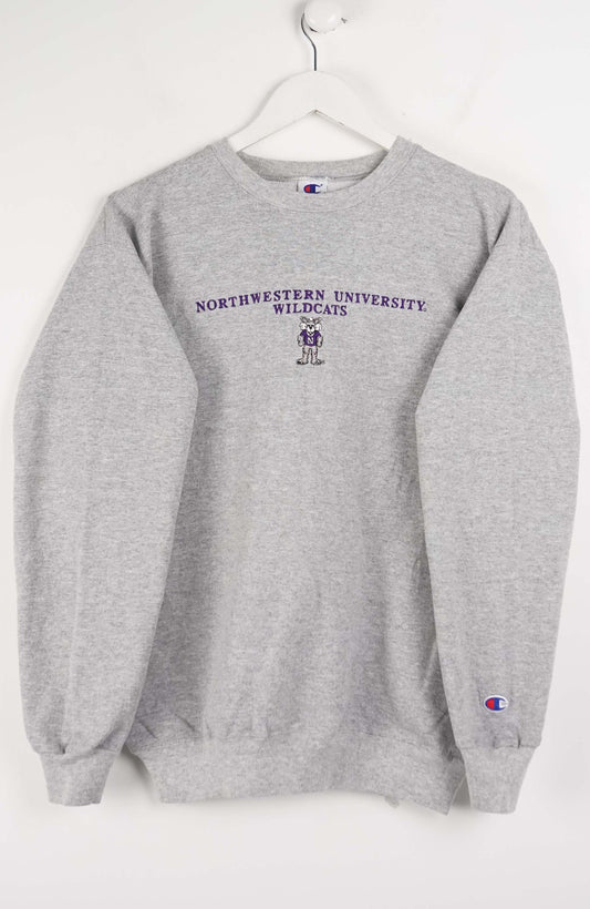 Gray sweatshirt with Northwestern University logo on a white background