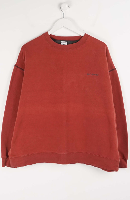 Red sweatshirt on a white hanger against a white background