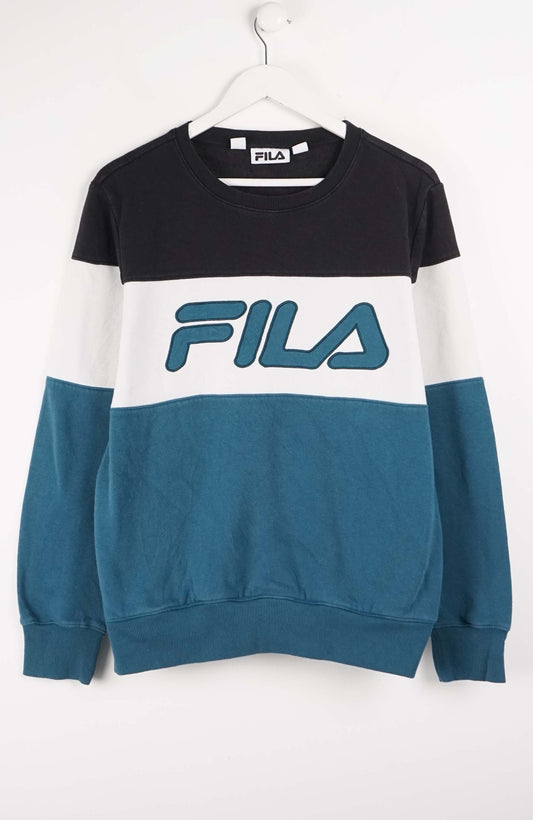 Fila sweatshirt with black, white, and blue color block design on a white background