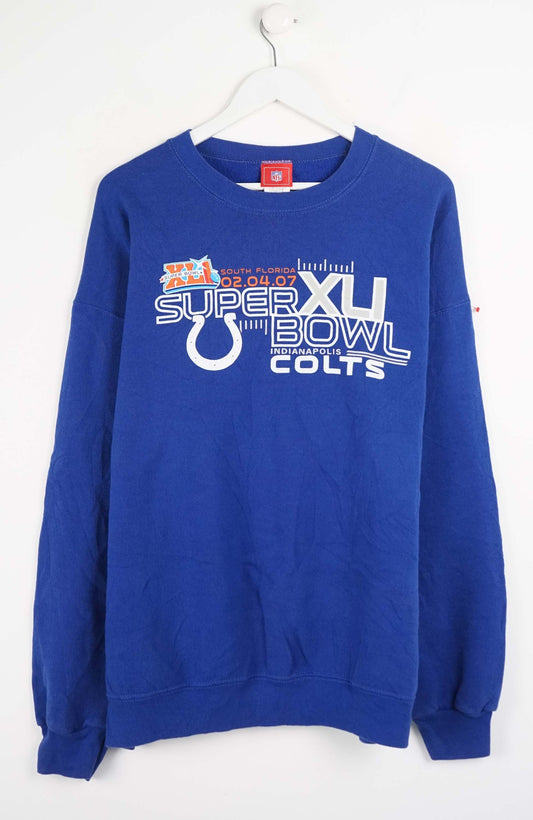 Blue sweatshirt with Super Bowl and Colts logo on a white background