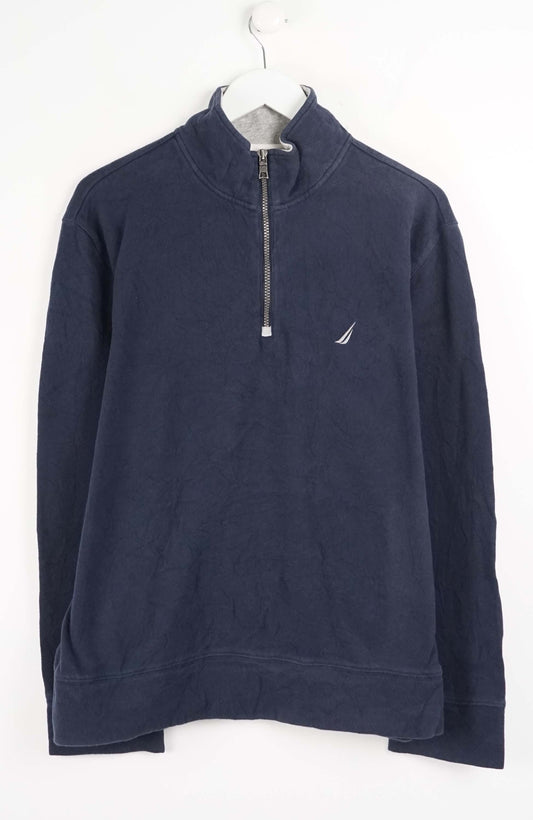 Navy blue pullover with a zipper on a white background