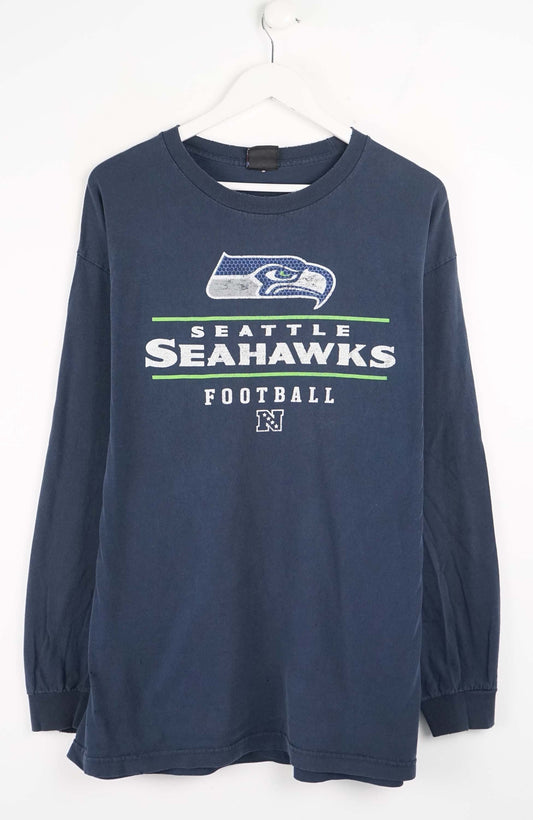 Navy blue long-sleeve shirt with Seattle Seahawks logo on a white background
