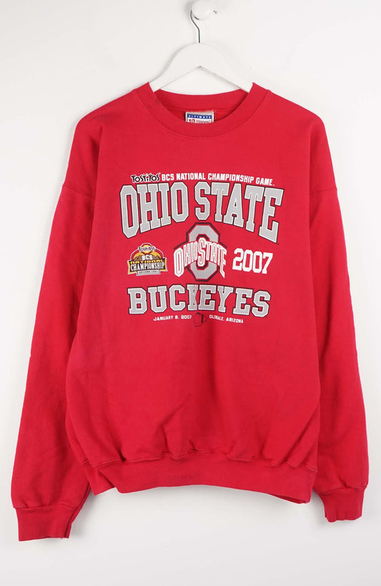Red Ohio State sweatshirt with text and logo on a white background