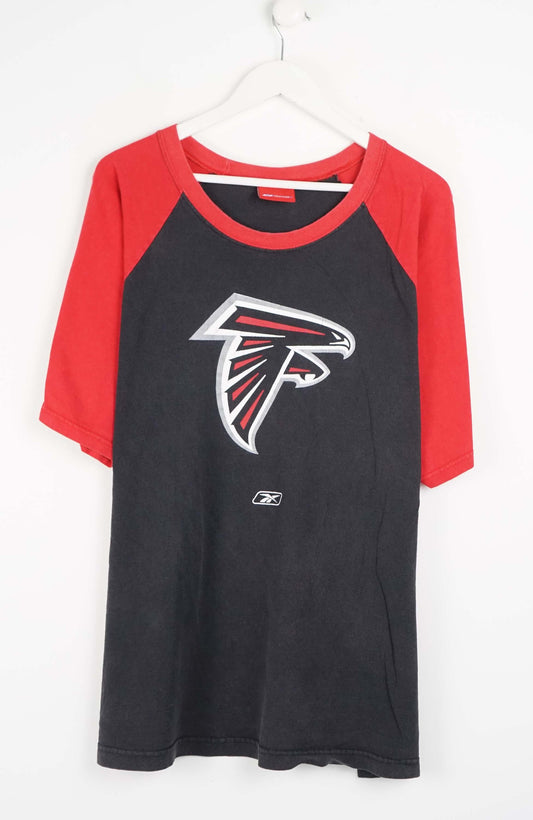Black and red baseball shirt with Atlanta Falcons logo on a white background