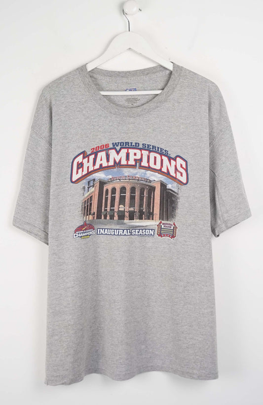 Gray t-shirt with World Series Champions graphic on a white background