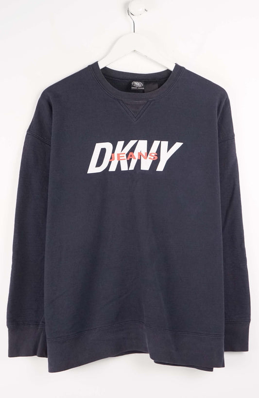 Navy blue sweatshirt with 'DKNY' logo on a white background