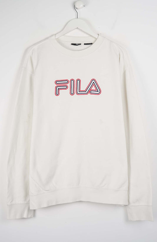 White sweatshirt with red FILA logo on a white background