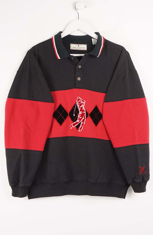 Black and red striped sweater with a logo on a white background