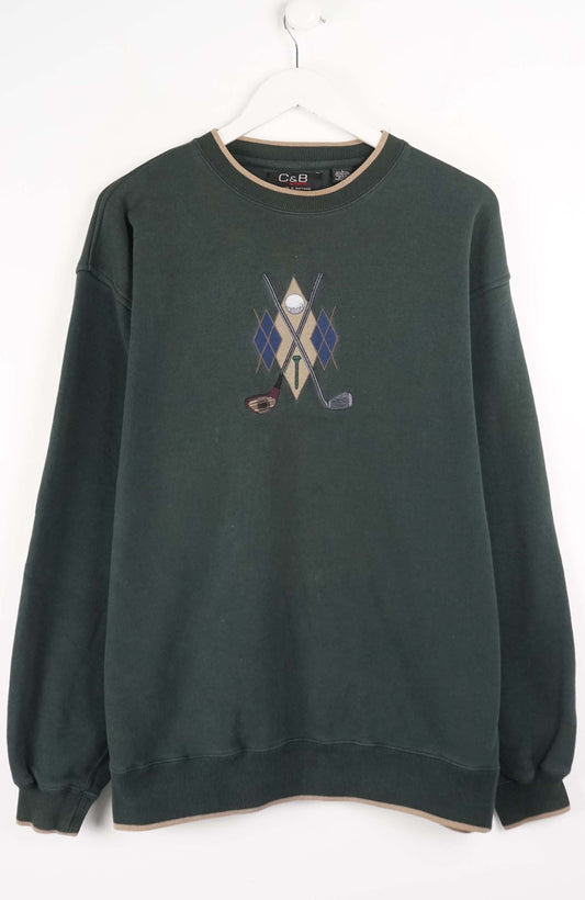 Dark green sweatshirt with a graphic design on a white background