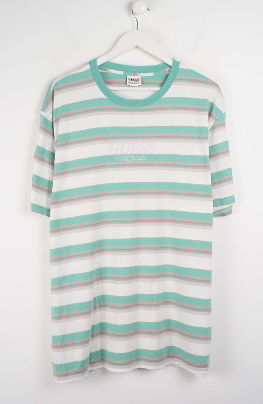 Striped shirt with green and gray horizontal stripes on a white background