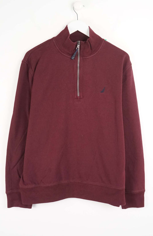 Maroon half-zip sweatshirt on a white hanger
