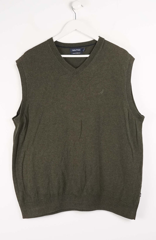 Green sweater vest on a white hanger with a white background