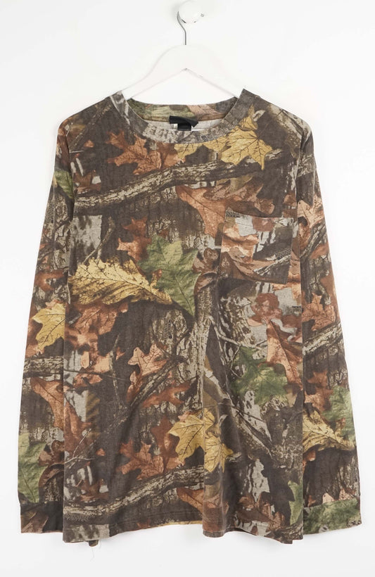 Camouflage-patterned long-sleeve shirt on a white background