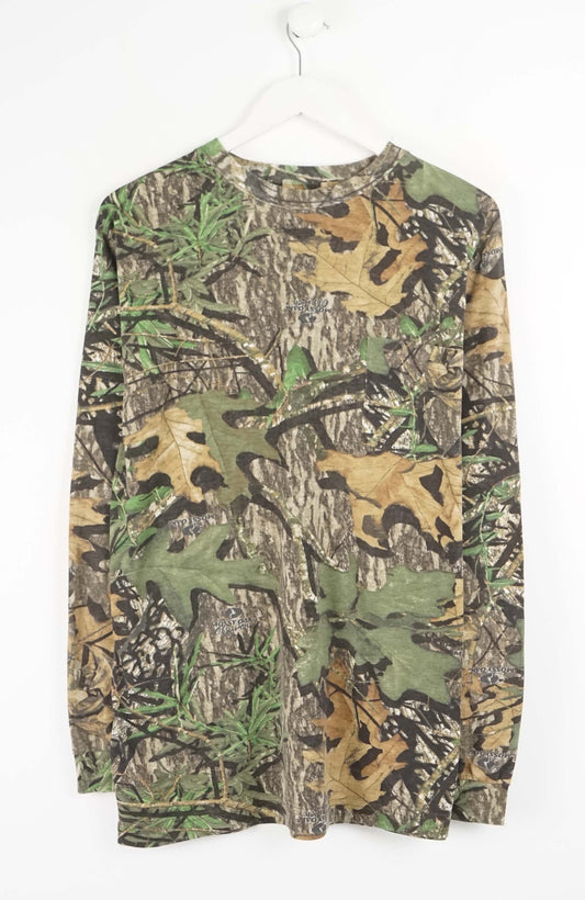 Camouflage long-sleeve shirt on a white background