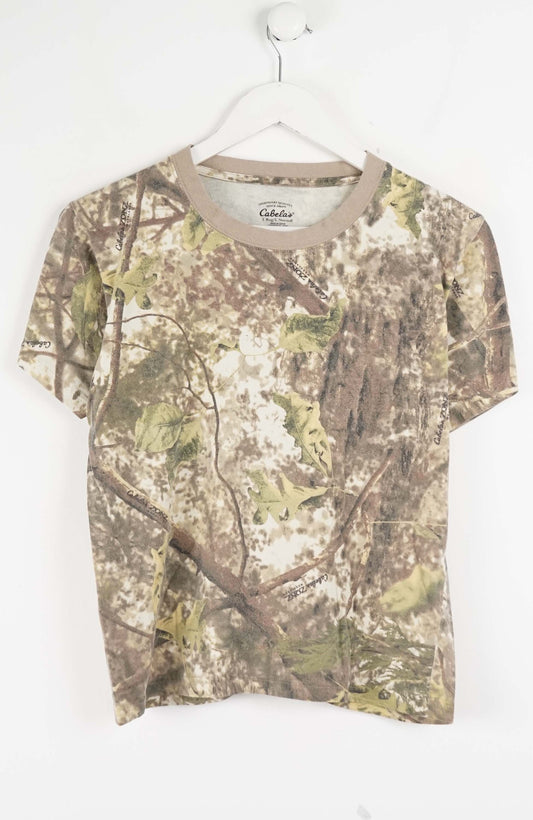 Camouflage-patterned t-shirt on a white hanger