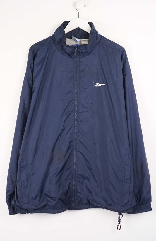 Navy blue jacket with a brand logo on a white background